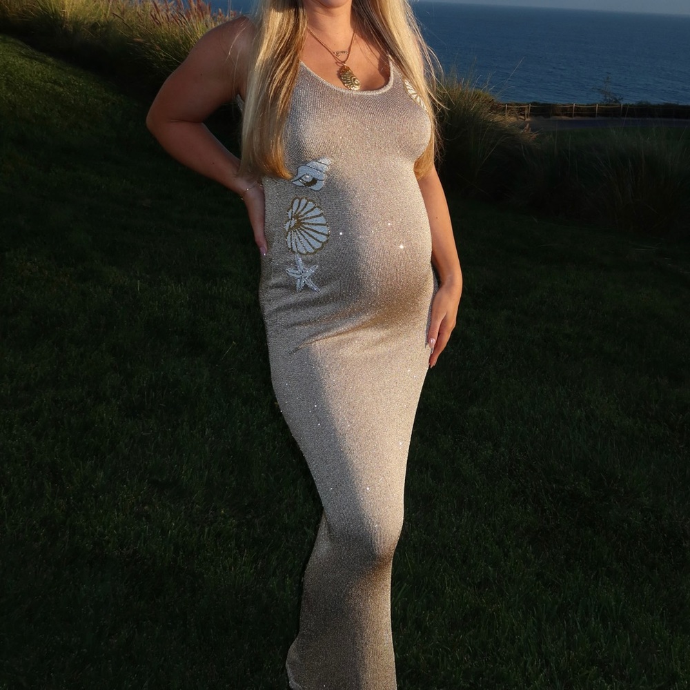 White Fox Boutique Marine Mist Sequin Knit Maxi Dress Champagne - Picture 9 of 11